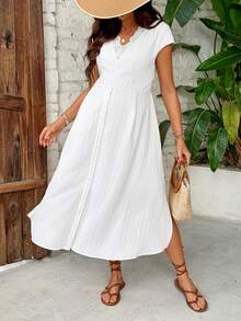 SHEIN 孕妇V领蕾丝开衩设计休闲派对度假连衣裙 - 白色 - 查看 5
