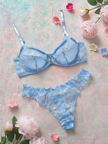 SHEIN Esselle 2pcs Plus Size Romantic Embroidery Wire Bra Lingerie Set, Lift - Blue - View 6