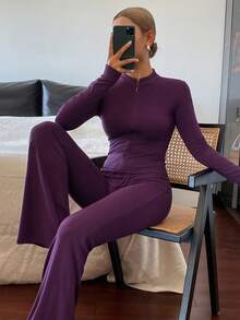 DAZY 纯色柔软针织修身短款上衣和喇叭裤女士睡衣套装 - 紫色 - 查看 3