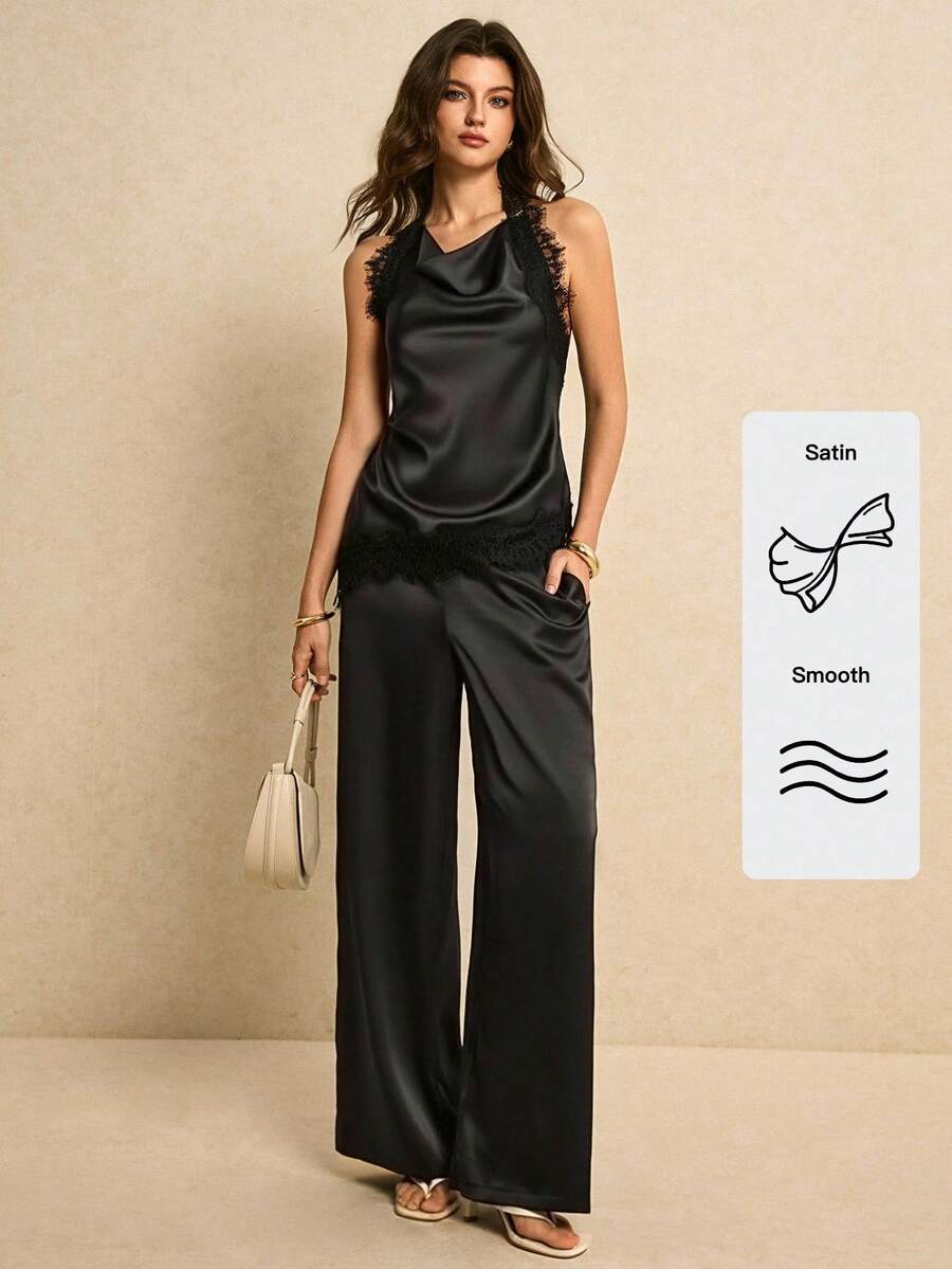 Poéselle Bộ đồ nữ gợi cảm tối giản màu trơn gồm áo hai dây cổ xếp ly phối ren tương phản hở lưng và quần ống rộng. - màu đen - Xem 1