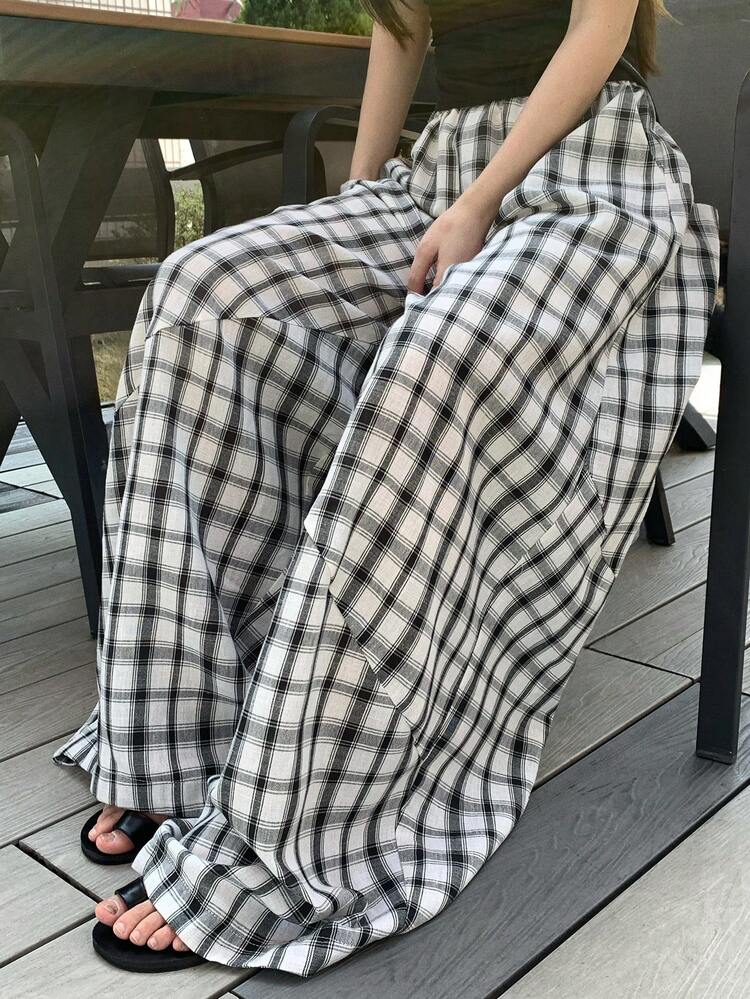 Women's Plaid Loose Casual Wide Leg Pants, Vacation & Street Style