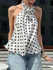 Pariaura 2026新款女士衬衫，优雅波点印花露背吊带无袖上衣，露背设计配蝴蝶结细节，丝滑缎面材质，适合春夏派对及日常穿着。 - 黑與白 - 查看 5
