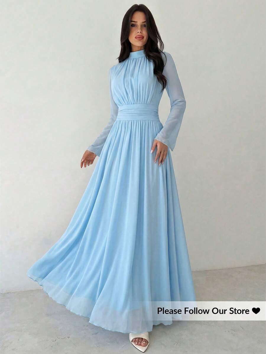 Firerie 女士优雅浪漫日常通勤海滩度假立领褶皱高腰A字喇叭长袖白色连衣裙 - 淺藍色 - 查看 1