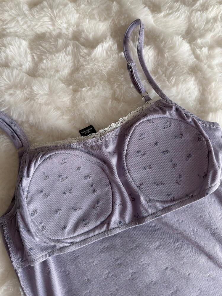 Sweet Floral Lace Patchwork Camisole Top With Built-In Padded Bra For Women