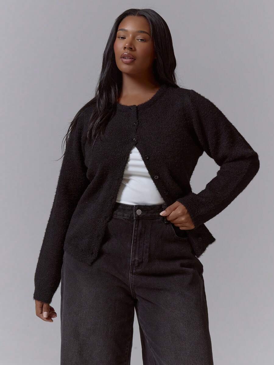 MUSERA Plus Button Down Fitted Long Sleeved Top, Spring Summer Elegant Classy Vacation Holiday Cute Holiday Romantic 90's Y2k Winter Spring - Black - View 1