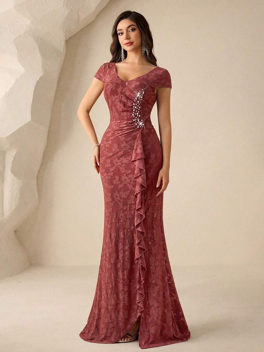 Coutiva Sweetheart Neckline Puff Sleeve Floral Applique Ruffle Hem Elegant Mother Of The Bride Dress - Rusty Rose - View 1