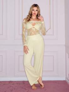 蕾丝扭结露肩长袖睡衣套装，甜美性感，女士适用 - 黃色 - 查看 6