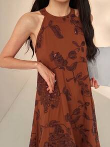 DAZY Women's Elegant Sequin Floral Embroidery Halter Dress, Summer Sundress - Brown - View 8
