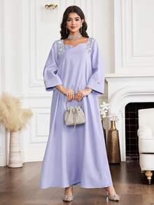 Yasmyna 女士纯色水钻装饰宽松阿拉伯风格连衣裙 - 紫色 - 查看 4