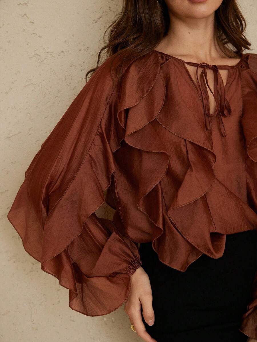 Aveloria Rosie French Atmosphere V-Neck Tie Multilayer Ruffle Trim Lantern Sleeve Long Sleeve Blouse - Brown - View 1