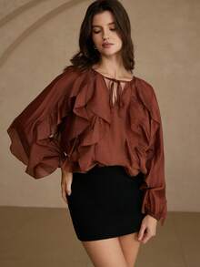 Aveloria Rosie French Atmosphere V-Neck Tie Multilayer Ruffle Trim Lantern Sleeve Long Sleeve Blouse - Brown - View 6