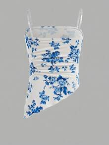 Girlism Tween Girls Floral Print Ruched Hem Cropped Cami Top With Sheer Straps & Layered Cute Mini Skirt 2 Pieces Set - Blue and White - View 3