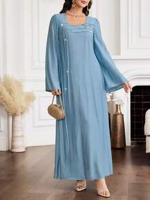 Yasmyna 女士纽扣设计褶皱喇叭袖阿拉伯传统长裙 - 藍色 - 查看 5