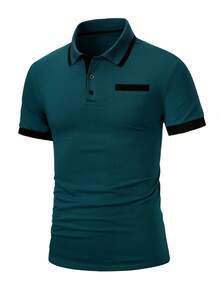 Calvornis 男士大尺碼深青色夏季休閒 Polo 衫，修身短袖高爾夫 Polo 衫，對比色鈕扣門襟，假口袋設計，適合休閒、戶外與儀式場合 - 水鴨藍 - 查看 4