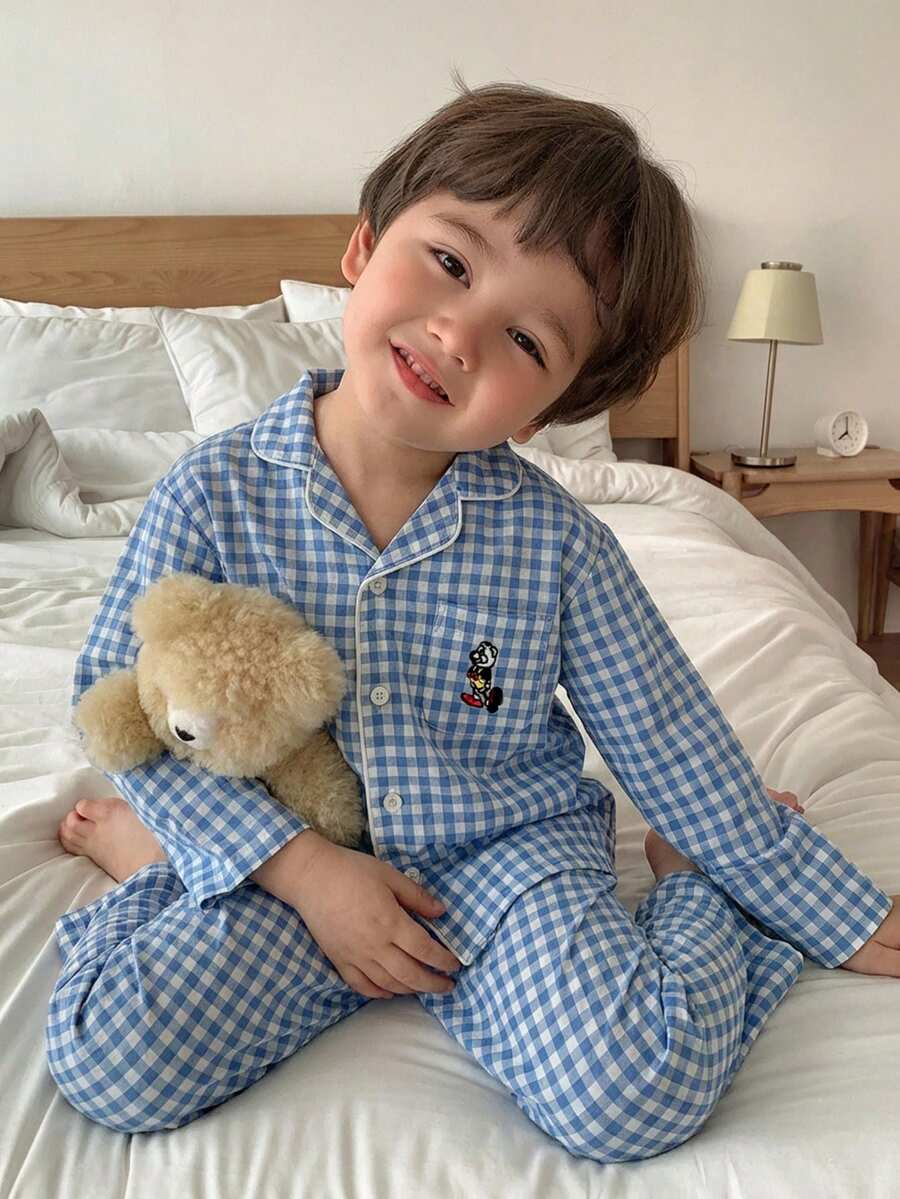 Hapijoa 男童卡通熊格子长袖单排扣上衣和裤子睡衣套装 - 藍色 - 查看 1