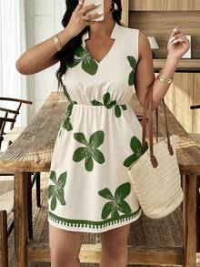 SHEIN LUNE Schwarz-Weiß bedrucktes Kleid in Große Größen - ärmelloser V-Ausschnitt, taillenbetonter A-Linie Mini, Boho-Stil für Urlaub/Lässig/Streetwear (Frühling & Sommer) - Verschiedenfarbig - Übersicht 3