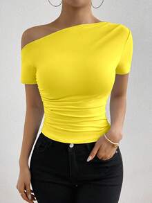 Elenzga Summer Casual Solid Color Asymmetric Neck Ruched Fitted T-Shirt - Yellow - View 3