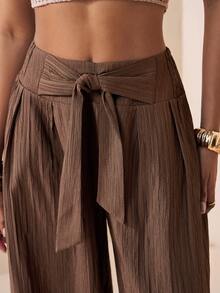 Zivah 2026春夏新款婚礼季、音乐节、复活节、西部风、游牧风、波西米亚风、纳什维尔风格腰带褶裥阔腿裤，带真口袋，竖纹面料，春夏通勤休闲，优雅度假风，休闲长裤 - 咖啡棕 - 查看 2