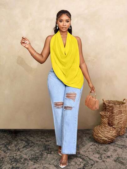 SOLERSUN Summer Beach For Woman Concert Women Rave Festival Country Concert Ibiza Elegant Vacation Woman Boho Minimalana Gyaru Backless Swing Sexy Chiffon Halter Neck Draped Top Shirt Nashville.