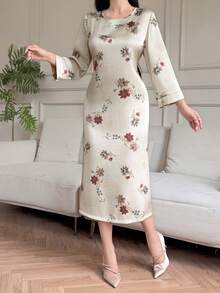 Vivie Lora 女士宽松圆领腰带印花中长连衣裙 - 卡其色 - 查看 3