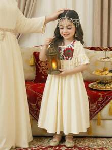Young Girls' Vacation Style Woven Apricot Round Neck Patchwork Pattern Flare Sleeve Midi A-Line Dress - Apricot - View 3
