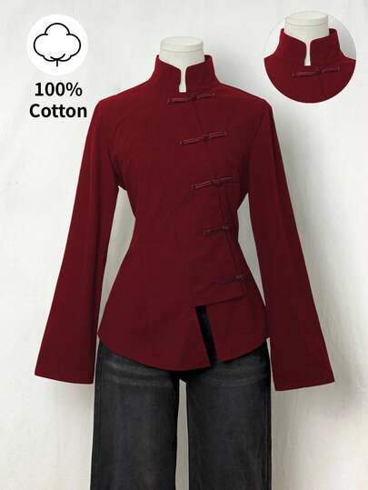 Elamini Black Linen Fabric Open Front Mandarin Collar Button Asymmetrical Hem Long Sleeve Jacket For Women, Autumn/Winter Vintage Chinese Style Elegant Academic Office Design Versatile Daily Wear