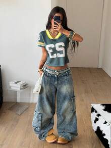 Coolane Women's Casual V-Neck Short Sleeve Numeric Print T-Shirt - Army Green - View 6