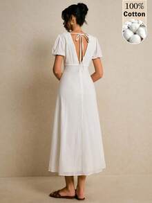 Poéselle Đầm đi biển nữ màu trơn cổ chữ V, tay phồng, thắt eo. - trắng - Xem 7