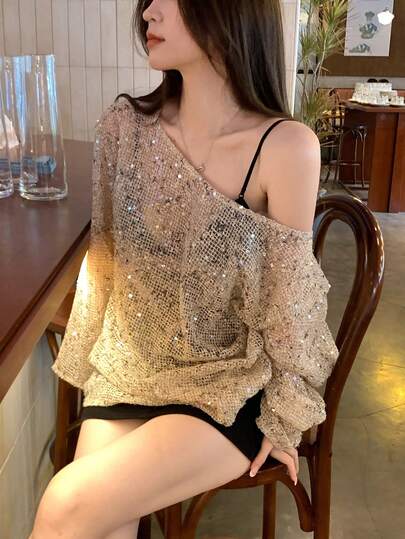 DAZY Women's Fashionable Casual Sequin Shoulder Mesh Blouse, Summer