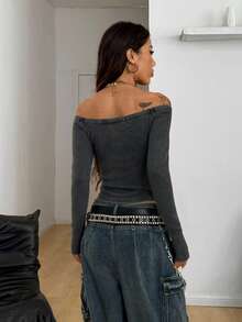 Coolane 女士灰黑条纹露肩长袖T恤 – 95%纯棉，复古朋克哥特街头风，适合音乐节、学校、运动等场合 - 彩色 - 查看 2