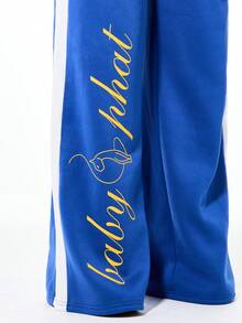 BABYPHAT Wide Leg Joggers With Side Panel Stripe Detail And Logo Script Print Drawstring Waistband Elastic Ankle Comfort Sweatpants - Blue - View 4