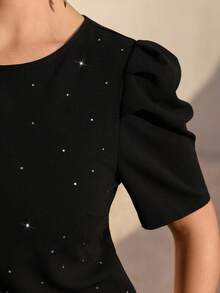 Juhart 大码纯色泡泡袖时尚水钻装饰女式T恤 - 黑色 - 查看 8