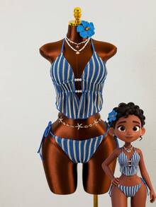 Swim Vcay 2026 New Thin Strap Spaghetti Strap Blue Textured Fabric Backless Side High Cut Tie Bikini Swimsuit 2-Piece Set For Women - Blue - View 1