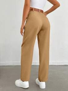 EURMUSE 女士纯色褶皱直筒宽松日常休闲通勤长裤 - 駝色 - 查看 2