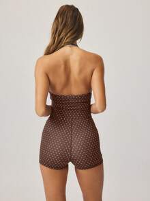 Aralina Women's Polka Dot Print Open Back Halter Romper - Chocolate Brown - View 3