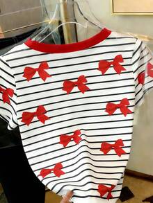 SHEIN Women's Casual Striped Bow Print Round Neck Short Sleeve T-Shirt, Summer - Multicolor - View 2