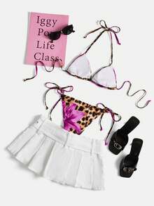 Swim Glamine 2 piezas Conjunto de bikini sexy con cordones y estampado floral y de leopardo para mujer - Morado Violeta - Ver 8