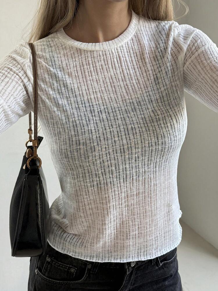 Women's Round Neck Sheer Striped Long Sleeve Casual Sexy T-Shirt