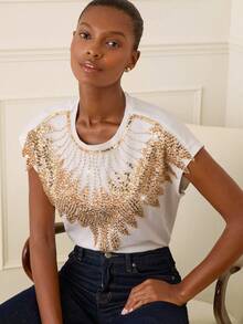 Lilora Women's Elegant Summer White And Gold Sequin Embellished Cotton T-Shirt,Flower Collar Round Neck Short Sleeve Top,Perfect For Birthday Party & Commute - White - View 5
