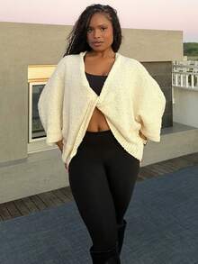 Tyla Gomez Women's Crossed Deep V-Neck Loose Elegant Minimal Sweater,Long Sleeve Tops, Fall And Winter, Casual, White, Longsleeve, Baggy,Knitted Sweater - Apricot - View 1