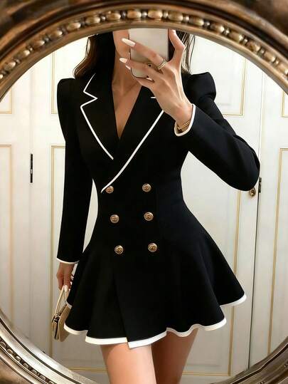 Glamine Women's Romantic Elegant Contrast Binding Lapel Collar Double-Breasted Waist Suit Jacket, Spring/Autumn