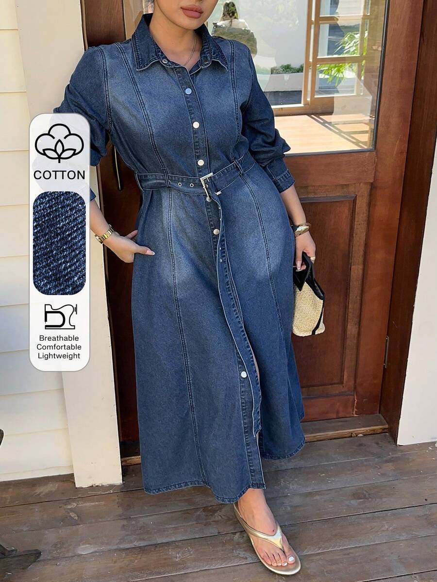 Dazy Plus Fashionable Washed Vintage Distressed Collar Open Front Cinched Waist Long A-Line Denim Dress, Spring/Autumn - Dark Wash - View 1