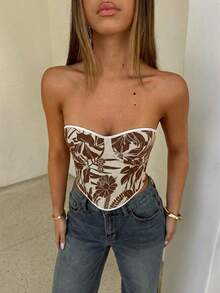 Aloruh 女士花卉提花不对称下摆塑形抹胸上衣，适合度假穿着 - 棕色 - 查看 10