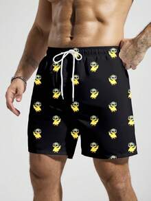 Manfinity Swimmode 男士卡通印花抽绳腰带沙滩短裤，夏季 - 黑色 - 查看 3