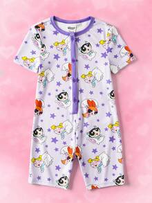THE POWERPUFF GIRLS X SHEIN Young Girl Cute Cartoon Star Allover Print Contrast Trim Short Sleeve Half Button-Front Romper Pajama, Summer - Purple - View 1