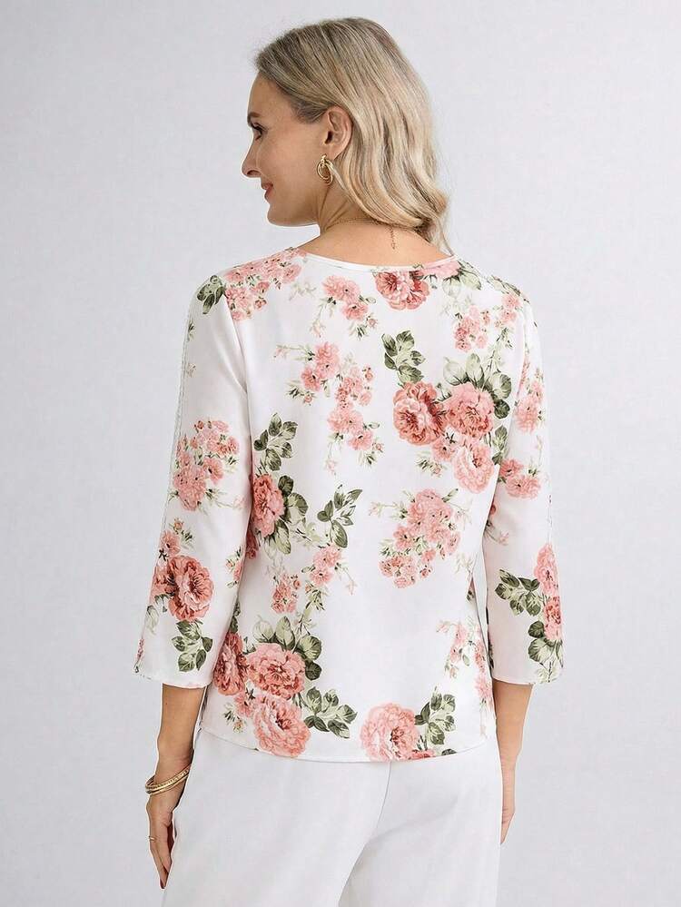White Pink Floral Print Lace Trim 3/4 Sleeve Blouse Elegant Casual Outfit White Top Pink Top Floral Top Flower Print Lace Blouse Casual Blouses For Women Elegant Blouses For Women Summer Tops For Women,Summer Outfits For Women