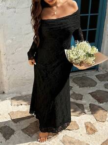 Sunnyshic 大码女式白色蕾丝露肩鱼尾连衣裙，修身性感时尚，春夏款 - 黑色 - 查看 5