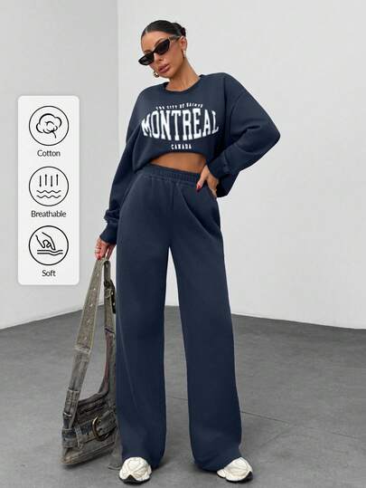 EURMUSE Women's College Varsity Print Two Pieces Set – Oversized Sweatshirt And Wide Leg Sweatpants, Elastic Waist, Letter Graphic Tracksuit, Athletic Loungewear, Casual Sportswear Outfit, Street Style Co-Ord