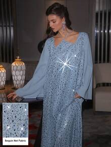 Al Najma Cross-Tied Pearl Embroidered Mesh Patchwork Long Sleeve Maxi Dress, Turkish & Arabic Traditional Style - Blue - View 4