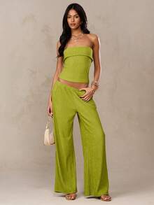 SHEIN BAE Olive Green Textured Woven Low Waist Elastic Waist Pocket Wide Leg Pants, Suitable For Beach, Summer, Casual - Olive Green - View 3